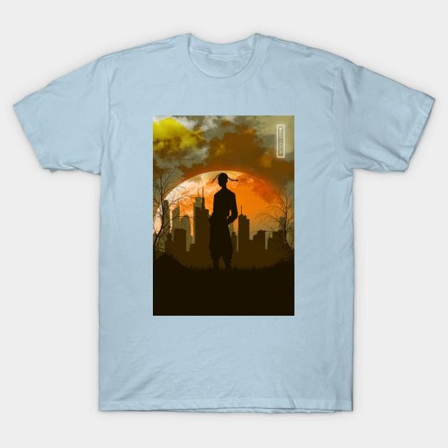 A blue t-shirt with a picture of two people Description automatically generated with low confidence